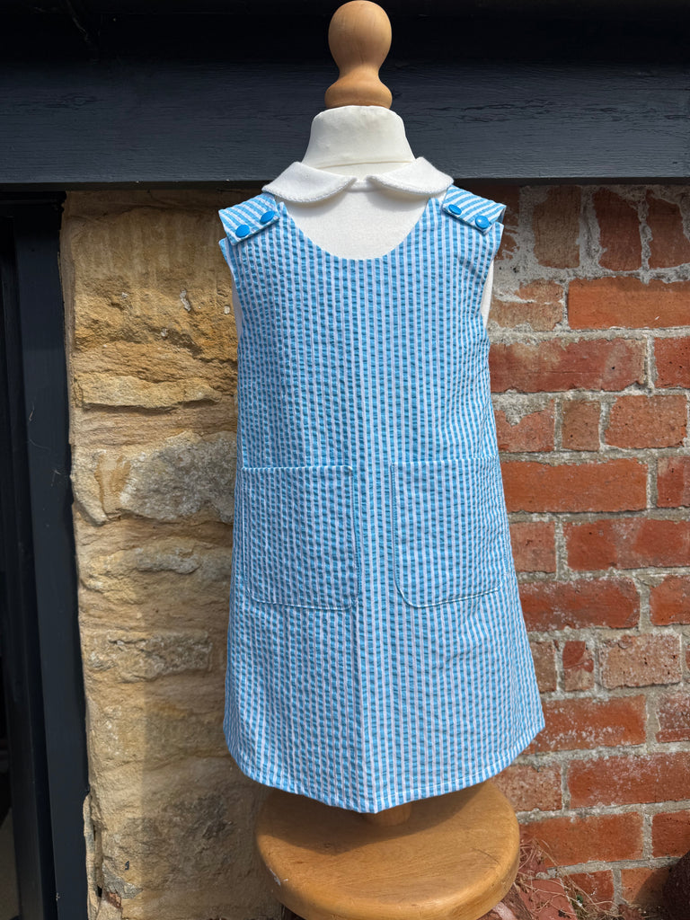 Turquoise & White Stripe Seersucker  Pinafore